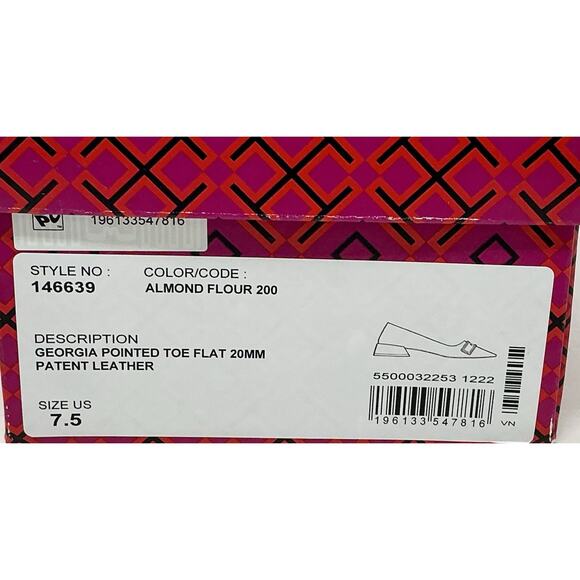 🆕Tory Burch GEORGIA Pointed Toe Flats Almond Flour Beige Patent Leather Size 7.5 - Picture 10 of 11